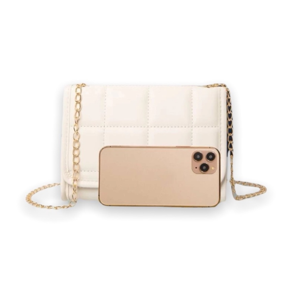 New Boho Plaid Quilted Cream Beige Faux Leather Flap Chain Square Crossbody Bag - Picture 14 of 16